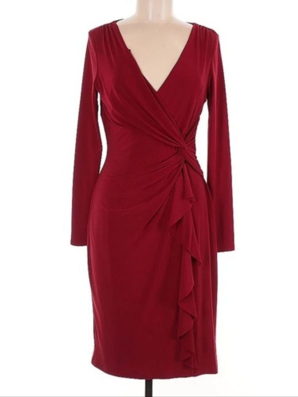 Ralph Lauren Burgundy Red Cocktail Dress With Ruched Wrap Detailing